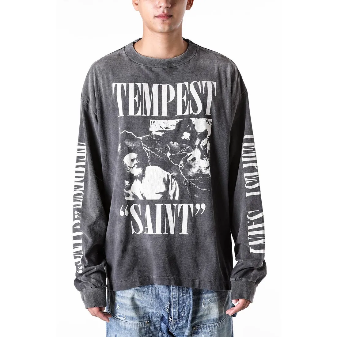 SAINT Mxxxxxx LS TEE/TEMPEST/BLK 'TEMPEST SAINT' Storm Religious Saints Cracked Retro Vulcanized Heavy Wash Long Sleeves Washed Black S-XL Assute Dyeing Multi-bit Horse Fading Craftsmanship Grinding and Hanging Holes Full of Old Feeling Top Printing Craftsmanship Purchasing Level